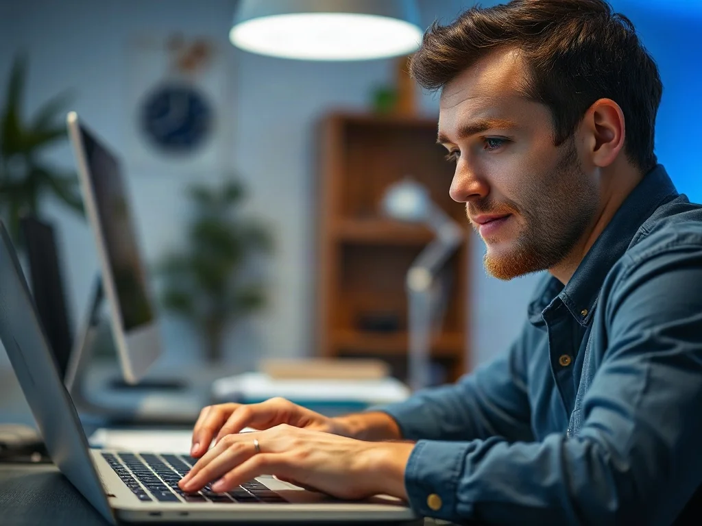 Mężczyzna pracujący na laptopie w domowym biurze, symbolizujący proces aktualizacji sterowników karty sieciowej.