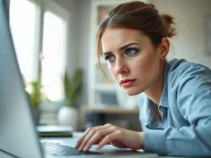 Kobieta zamyślona nad arkuszem kalkulacyjnym na laptopie, szukająca sposobu na odblokowanie pliku Excel.