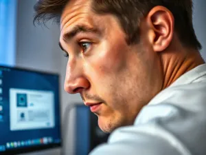 Zestresowany mężczyzna pracujący przy laptopie w biurze, ilustrujący potrzebę wycofania wysłanej wiadomości e-mail.