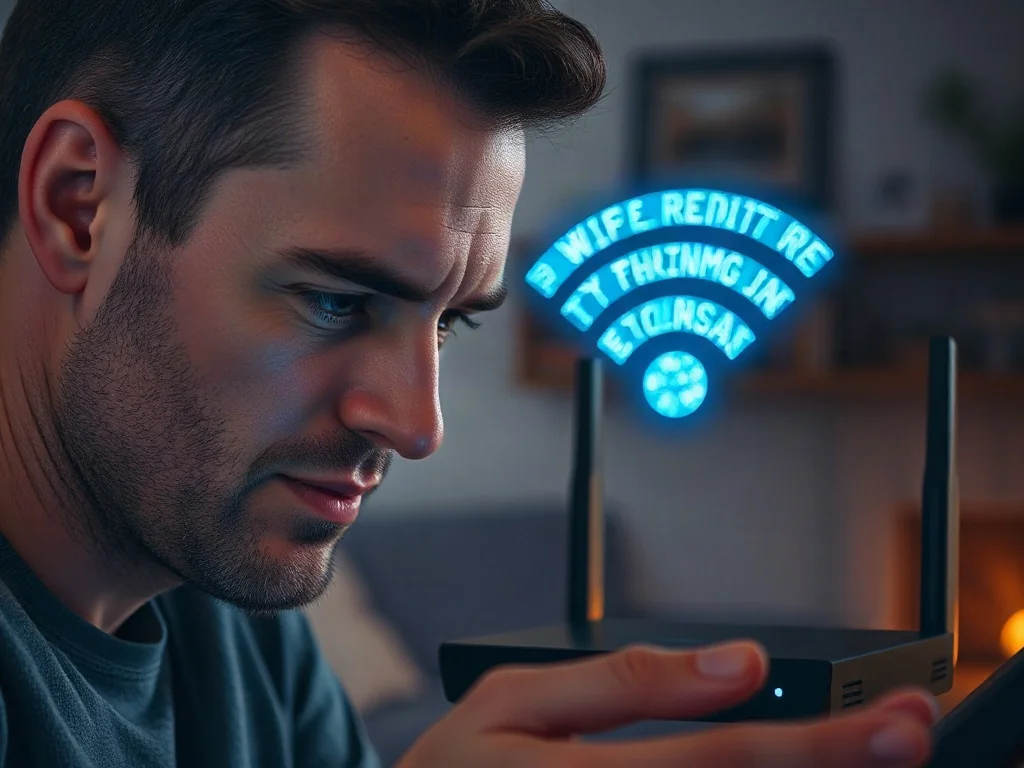 Mężczyzna patrzący na router Wi-Fi w salonie, symbolizujący proces konfiguracji sieci bezprzewodowej.