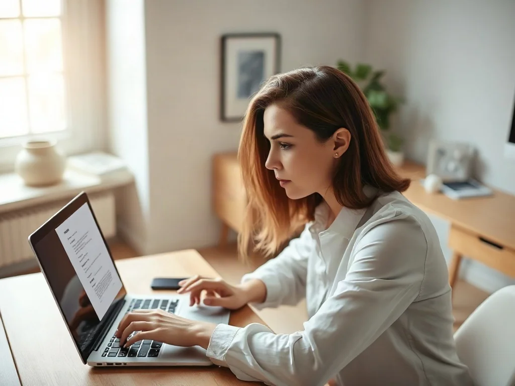 Kobieta pracująca przy laptopie w jasnym biurze, wybierająca fragment dokumentu w edytorze tekstu.