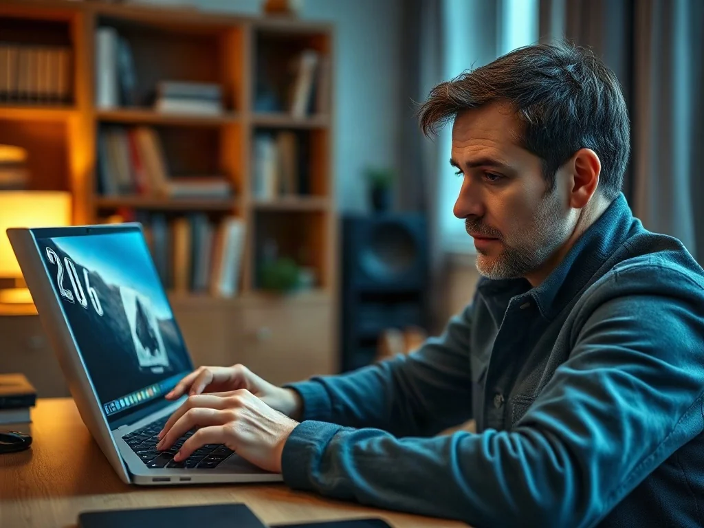 Mężczyzna skupiony na grze w karty na laptopie w przytulnym domowym biurze.