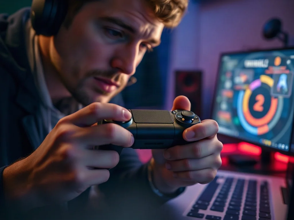 Mężczyzna trzyma bezprzewodowy kontroler Xbox, przygotowując go do połączenia z laptopem gamingowym.