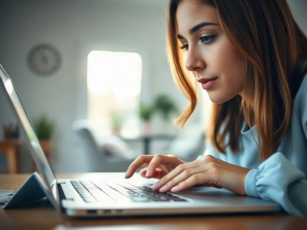 Kobieta pisząca na klawiaturze laptopa w nowoczesnym biurze, ilustrująca pracę z tekstem i edycję dokumentów.