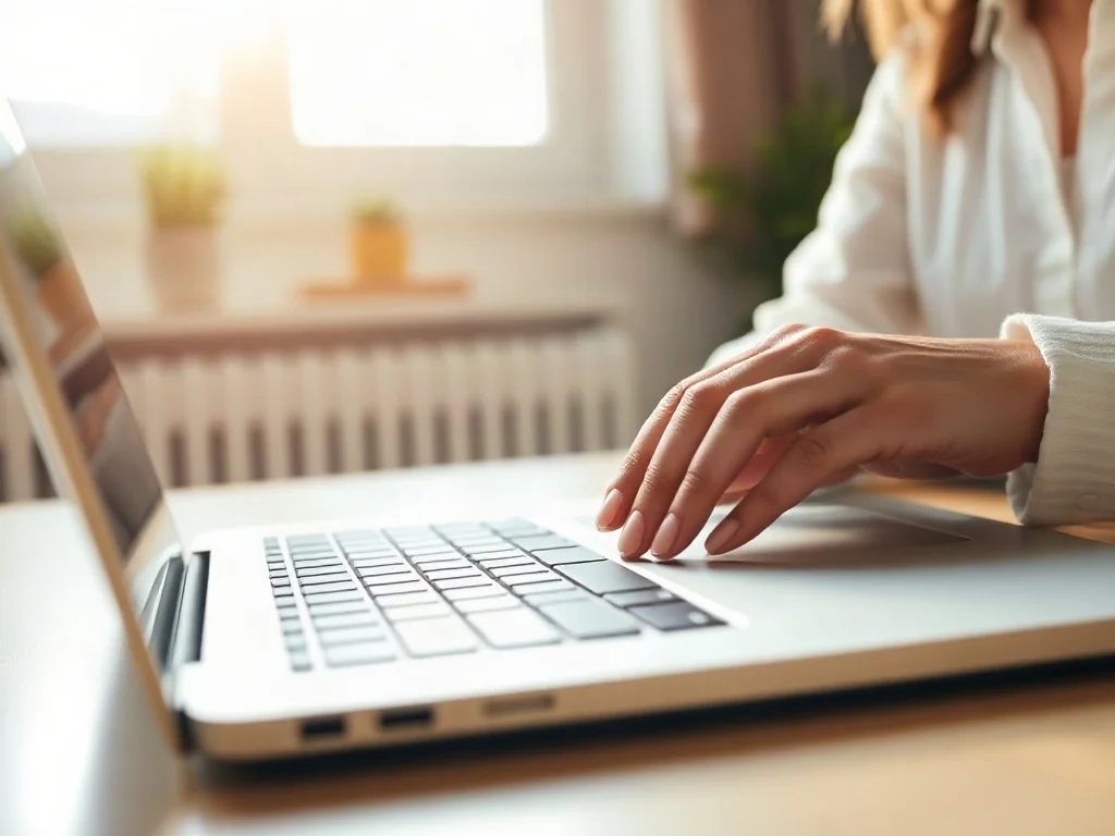 Dłonie kobiety piszące na klawiaturze nowoczesnego laptopa w jasnym, przytulnym biurze domowym.