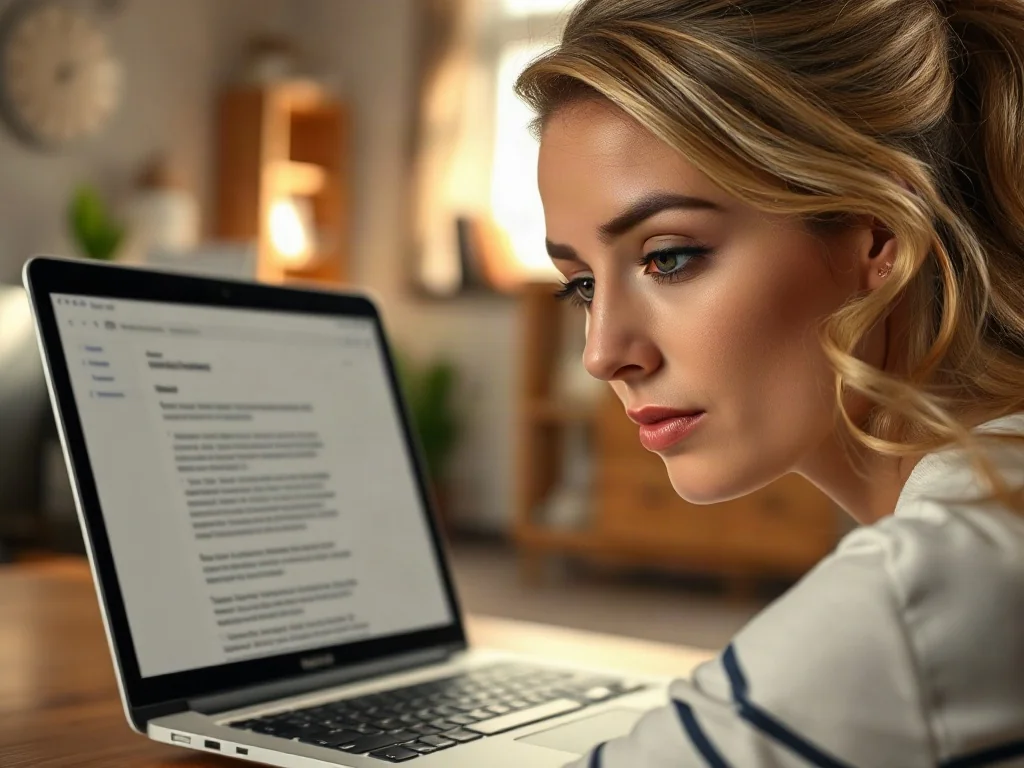 Kobieta pracująca przy laptopie w domowym biurze, skupiona na edycji dokumentu z widocznymi ustawieniami marginesów w Wordzie.