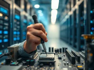 Dłonie piszące na klawiaturze laptopa z otwartym interfejsem poczty e-mail, na którym widoczna jest ikona emotikony.