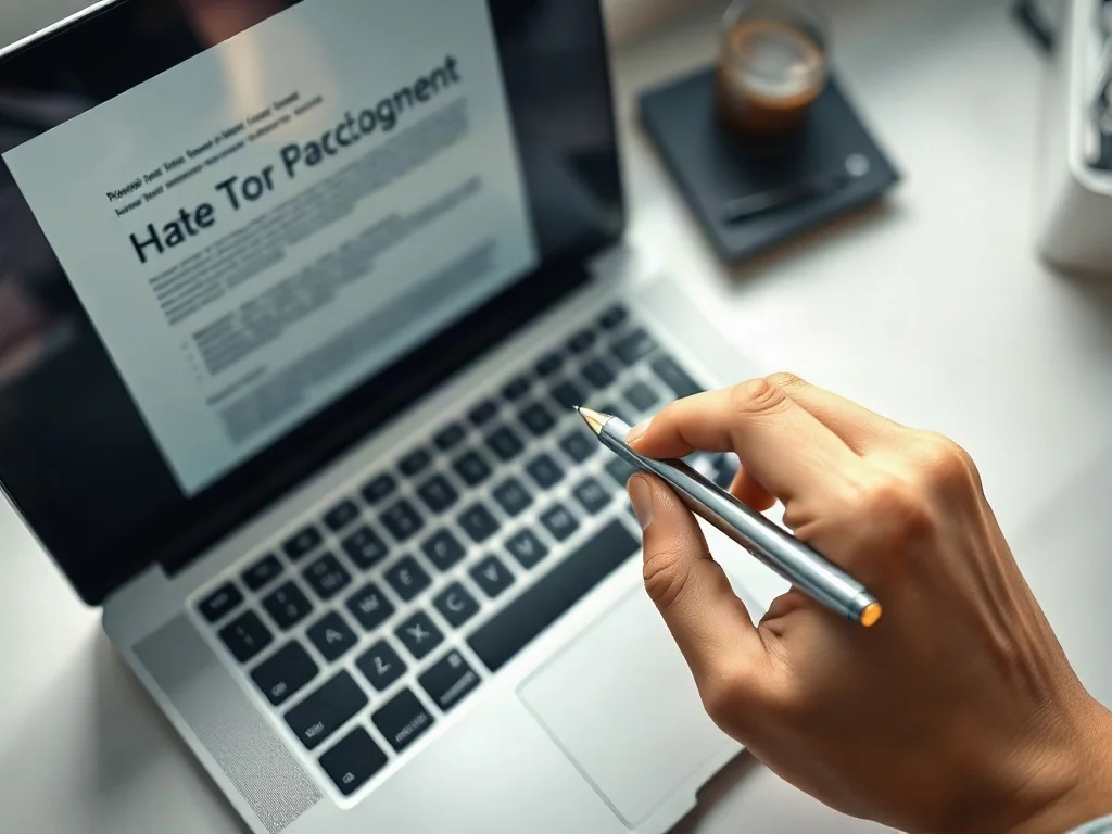 Dłoń trzymająca długopis nad klawiaturą laptopa, na którego ekranie widać dokument z przekreślonym słowem.