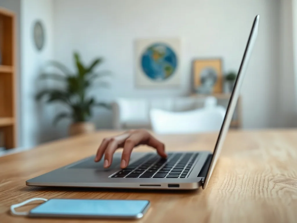Osoba pracująca przy laptopie na drewnianym biurku, przygotowująca komputer do aktualizacji systemu.