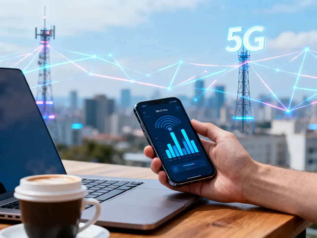 Smartfon z pełnym zasięgiem 5G na biurku, symbolizujący szybki internet mobilny bez limitu, no text on the picture